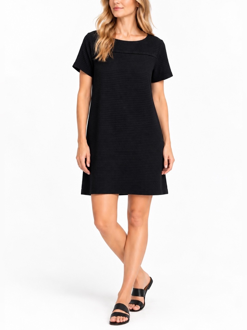 Eileen Fisher Cotton Tencel Stretch Grid Textured Black Shift Dress L Minimalist
